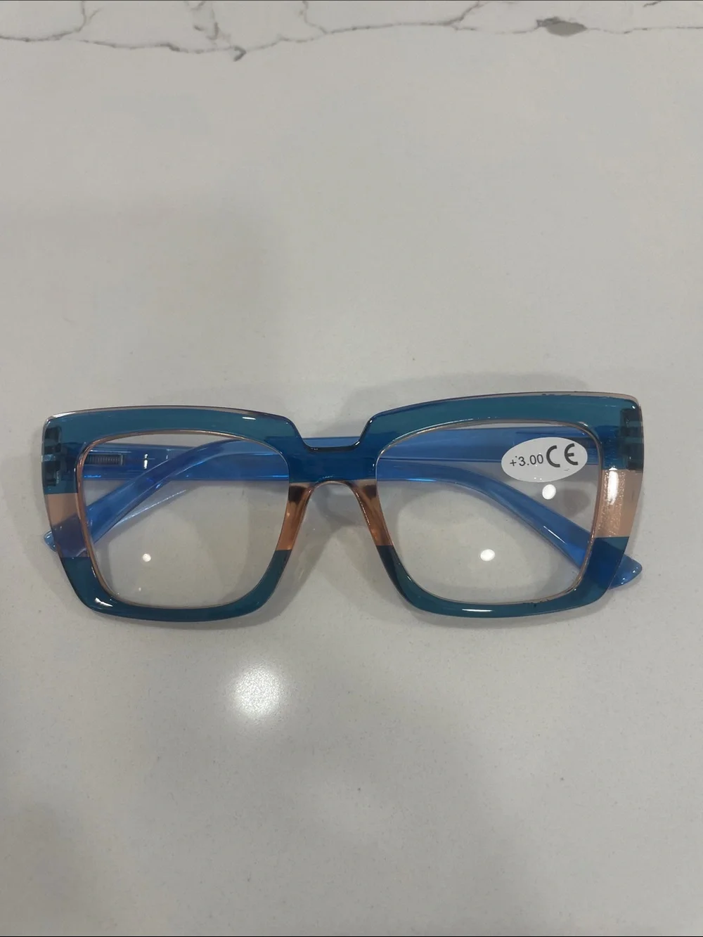 Blue and Tan Rectangular Reading Glasses (+3.00)